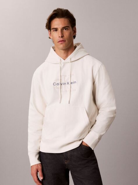 White Premium Terry Denim Logo Hoodie  Men