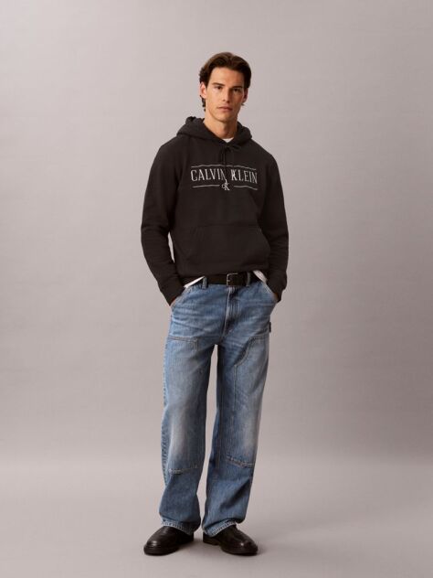 Μαύρο Βαμβακερό Hoodie Φλις Με Κουκούλα Και Varsity Λογότυπο  Άνδρας