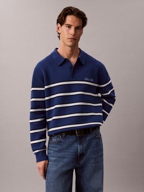 Blue Cotton Stripe Polo Jumper  Men