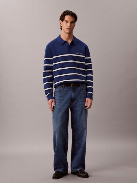 Blue Cotton Stripe Polo Jumper  Men