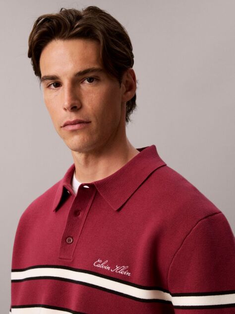 Red Cotton Stripe Polo Jumper  Men