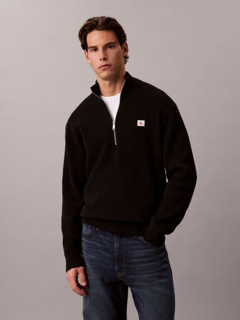 Black Cotton Waffle Half Zip Jumper  Men