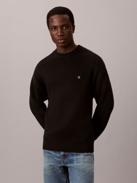 Black Cotton Ribbed Jumper  Men