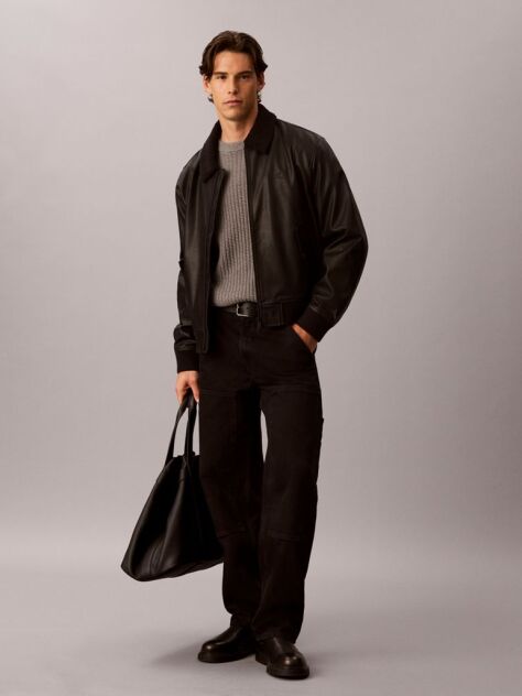 Black Faux Leather Sherpa Bomber Jacket  Men
