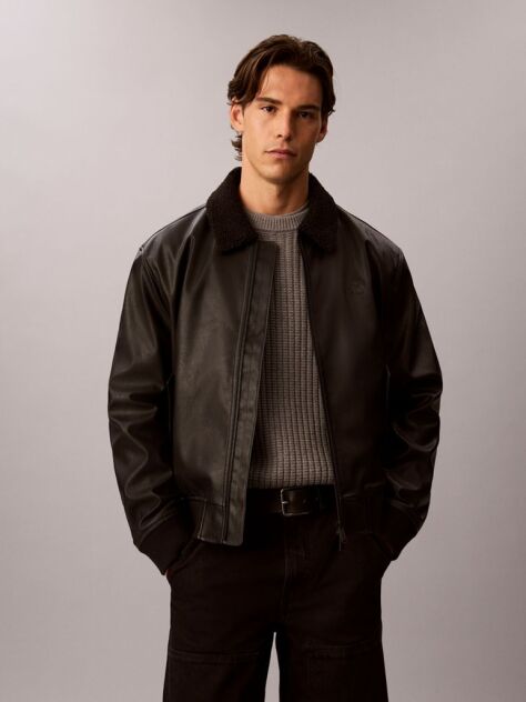 Black Faux Leather Sherpa Bomber Jacket  Men