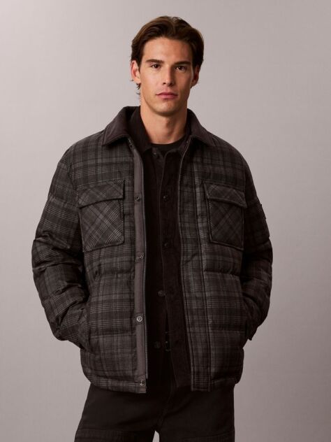 Γκρι Φουσκωτό Shirt Jacket Με Καρό Μοτίβο  Άνδρας