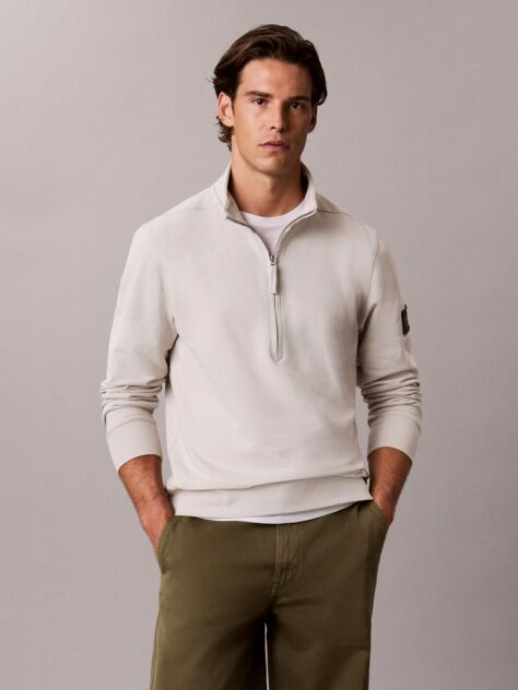 Beige Cotton Terry Quarter Zip Sweatshirt  Men