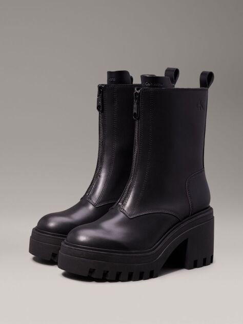 Black Leather Chunky Heeled Boots  Women