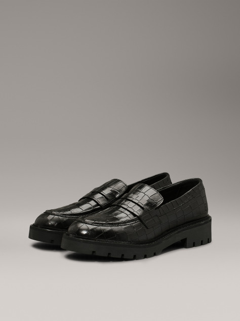 Black Crocodile Leather Platform Loafers  Women