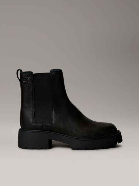 Black Leather Chunky Square Toe Chelsea Boots  Women