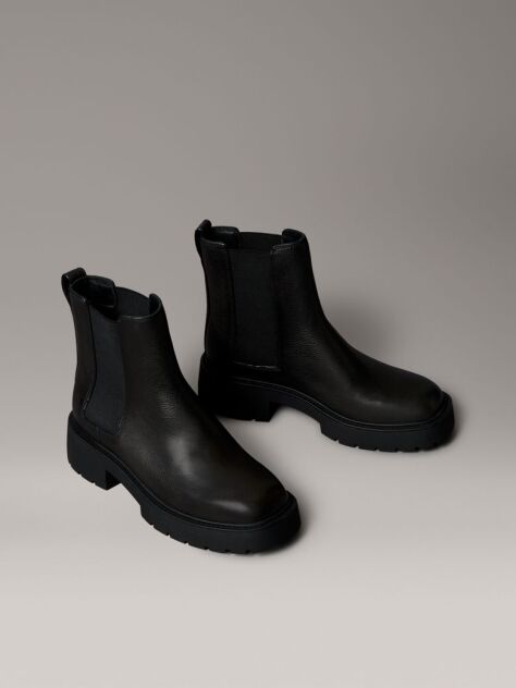 Black Leather Chunky Square Toe Chelsea Boots  Women