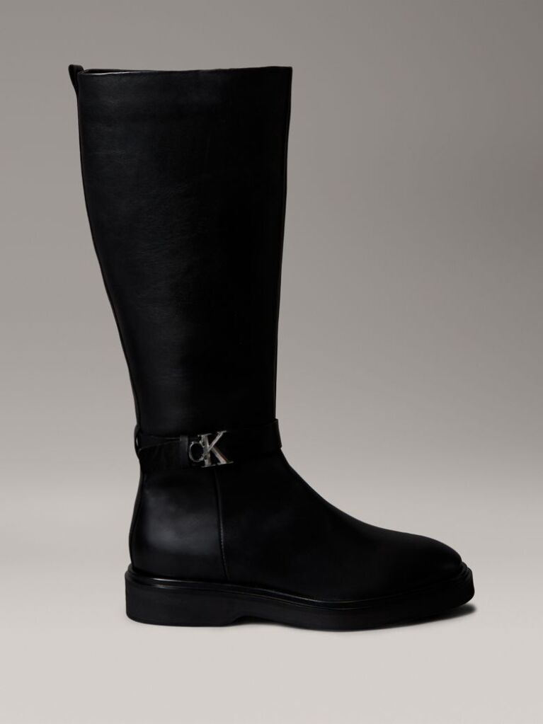Black Leather Signature Logo Knee Boots  Women