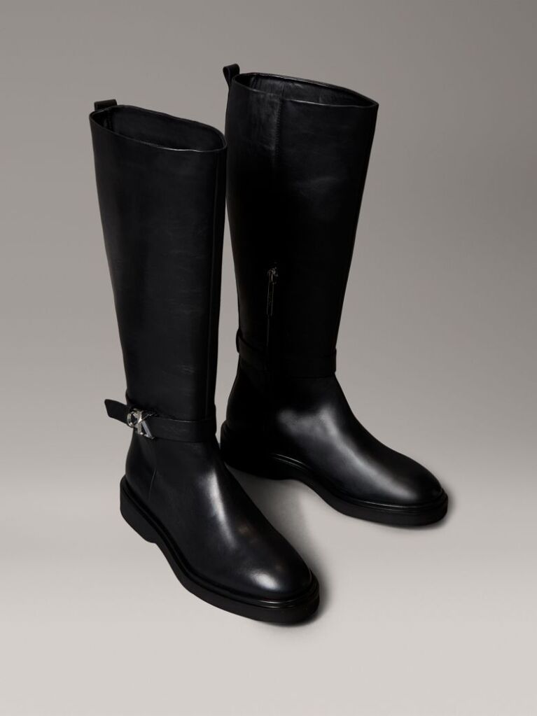 Black Leather Signature Logo Knee Boots  Women