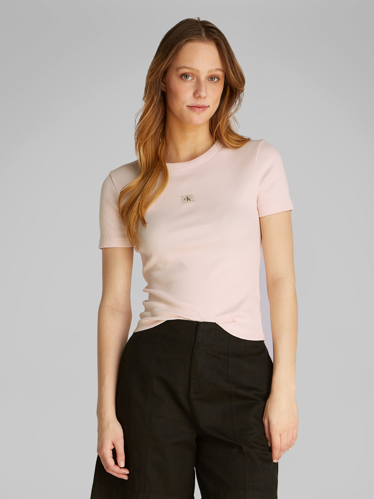 Pink Woven Label Rib Fitted T-Shirt  Women