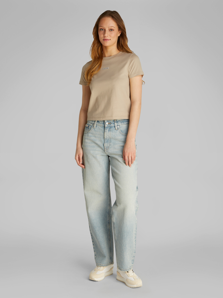 Beige Slim Cropped Badge T-shirt  Women