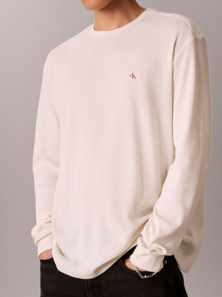 White Long Sleeve Waffle T-shirt  Men