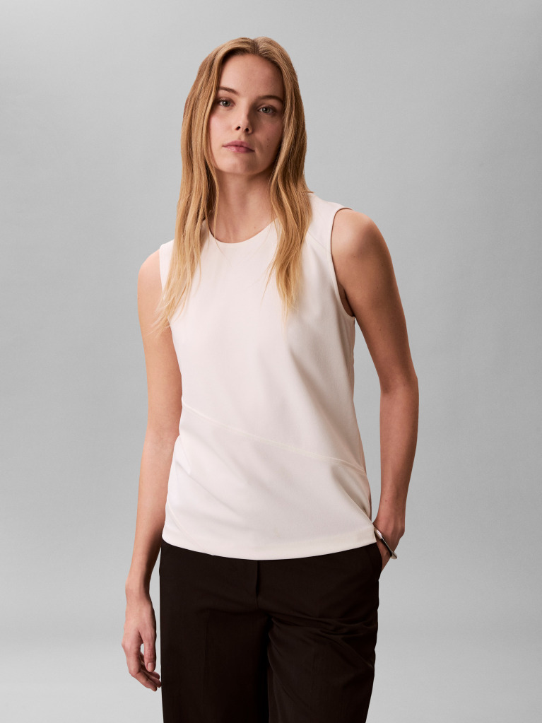 White Crepe Diagonal Seam Sleeveless Top  Women
