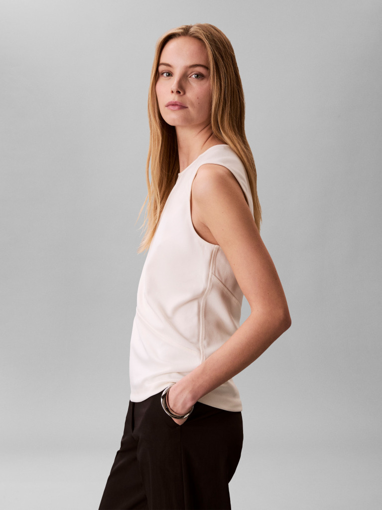 White Crepe Diagonal Seam Sleeveless Top  Women