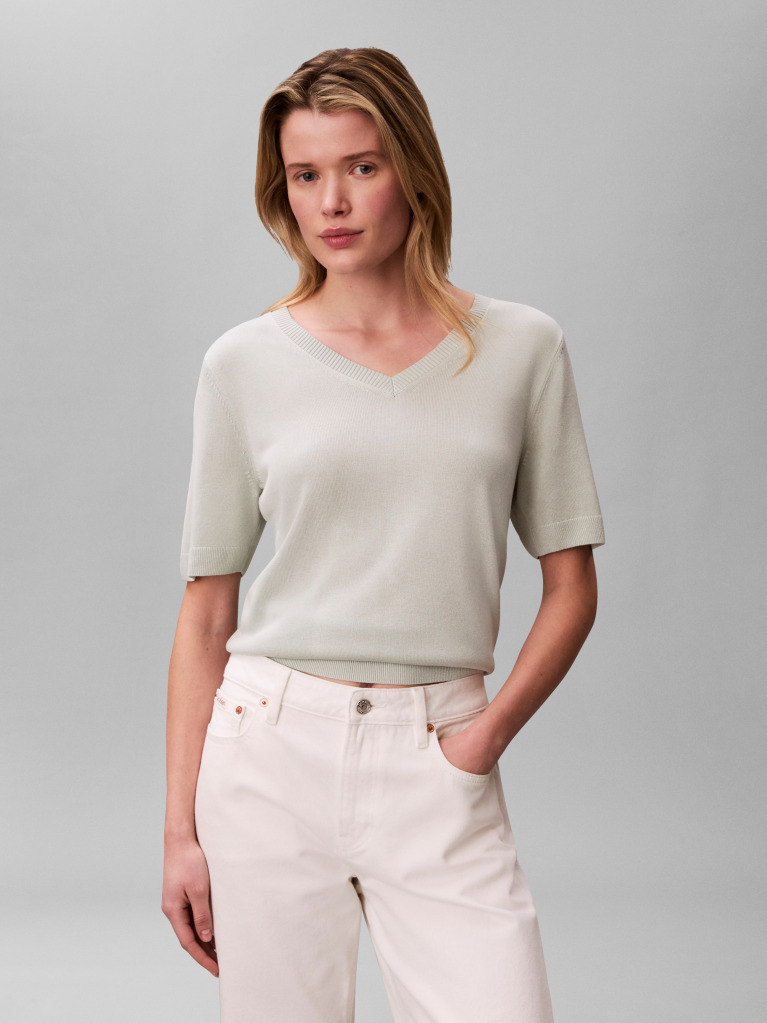 Green Fine Gauge Viscose Vneck Tee  Women