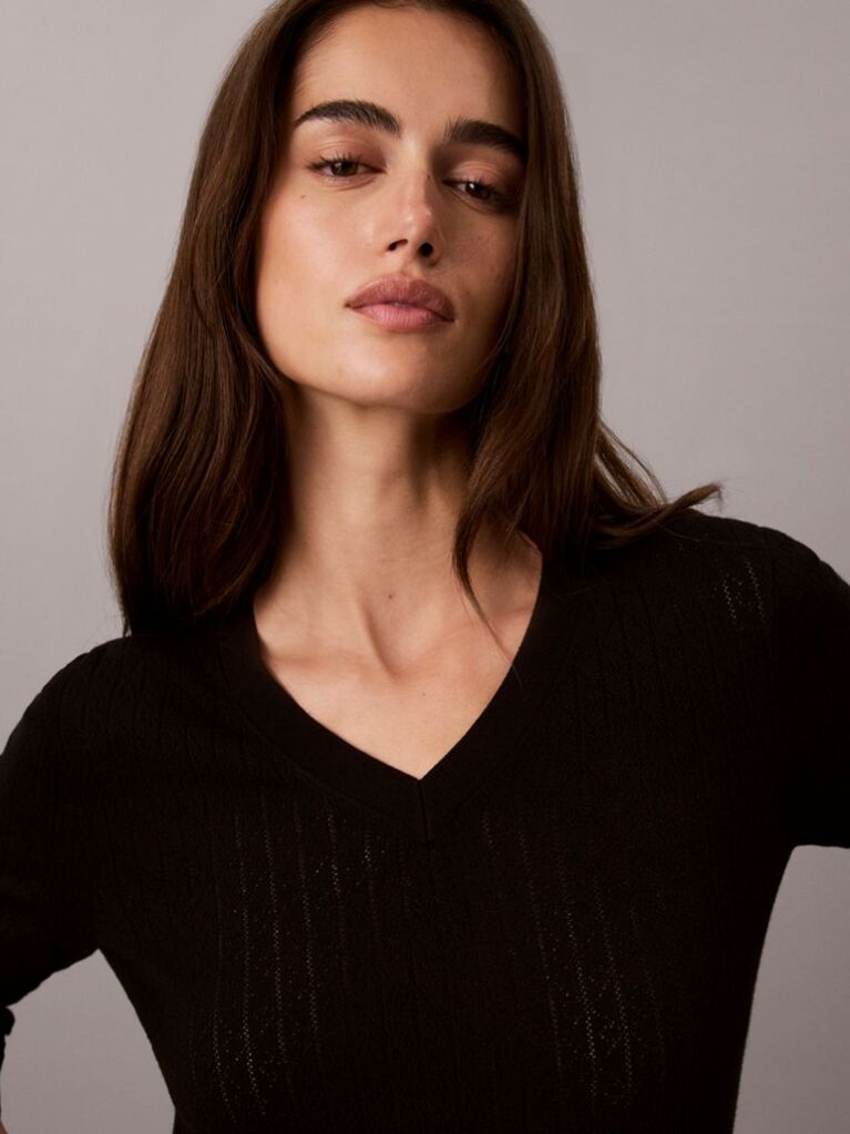 Black Emblem Pointelle Long Sleeve V-Neck Top  Women