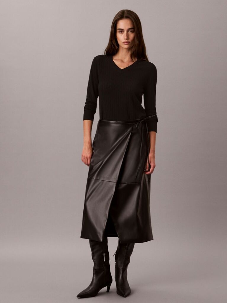 Black Emblem Pointelle Long Sleeve V-Neck Top  Women
