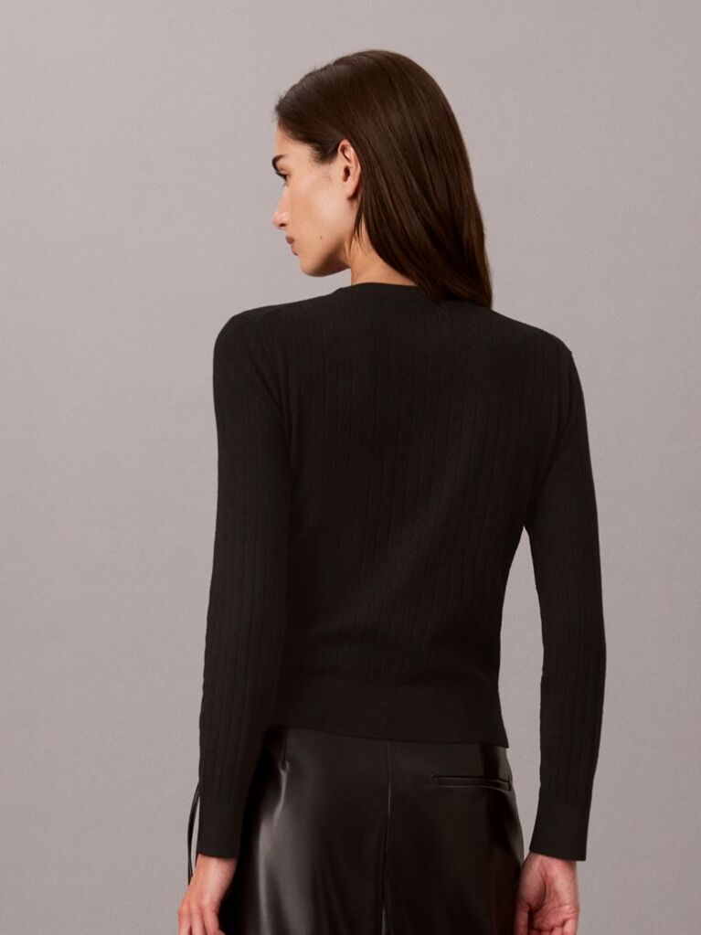 Black Emblem Pointelle Long Sleeve V-Neck Top  Women
