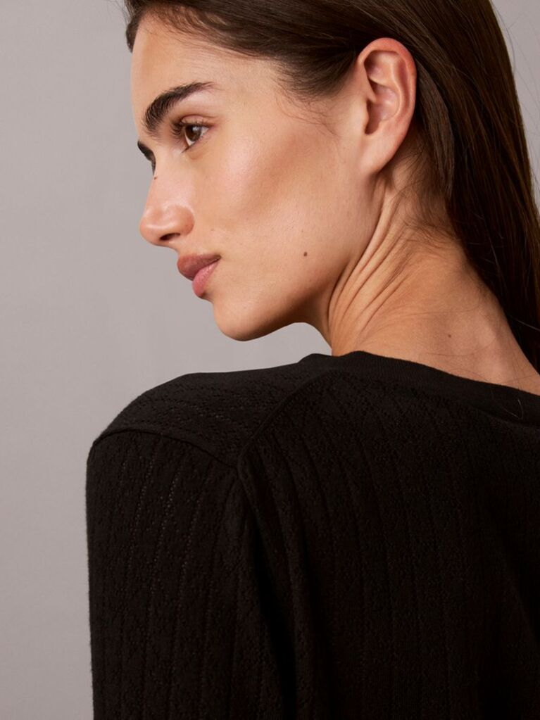 Black Emblem Pointelle Long Sleeve V-Neck Top  Women