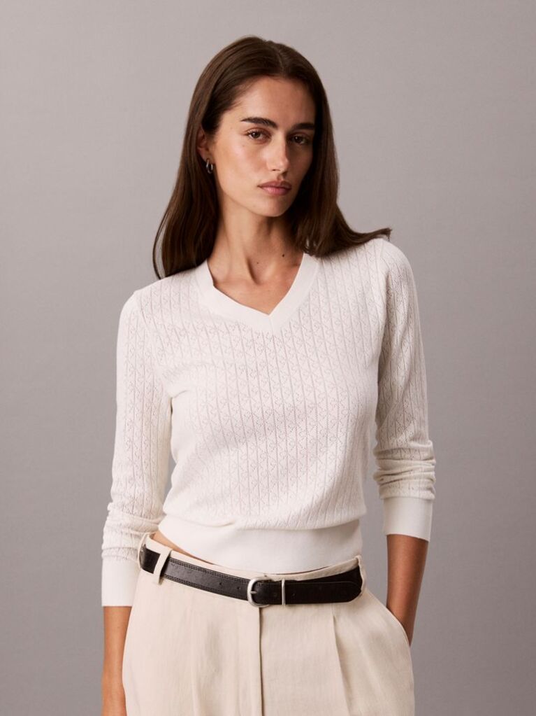 White Emblem Pointelle Long Sleeve V-Neck Top  Women