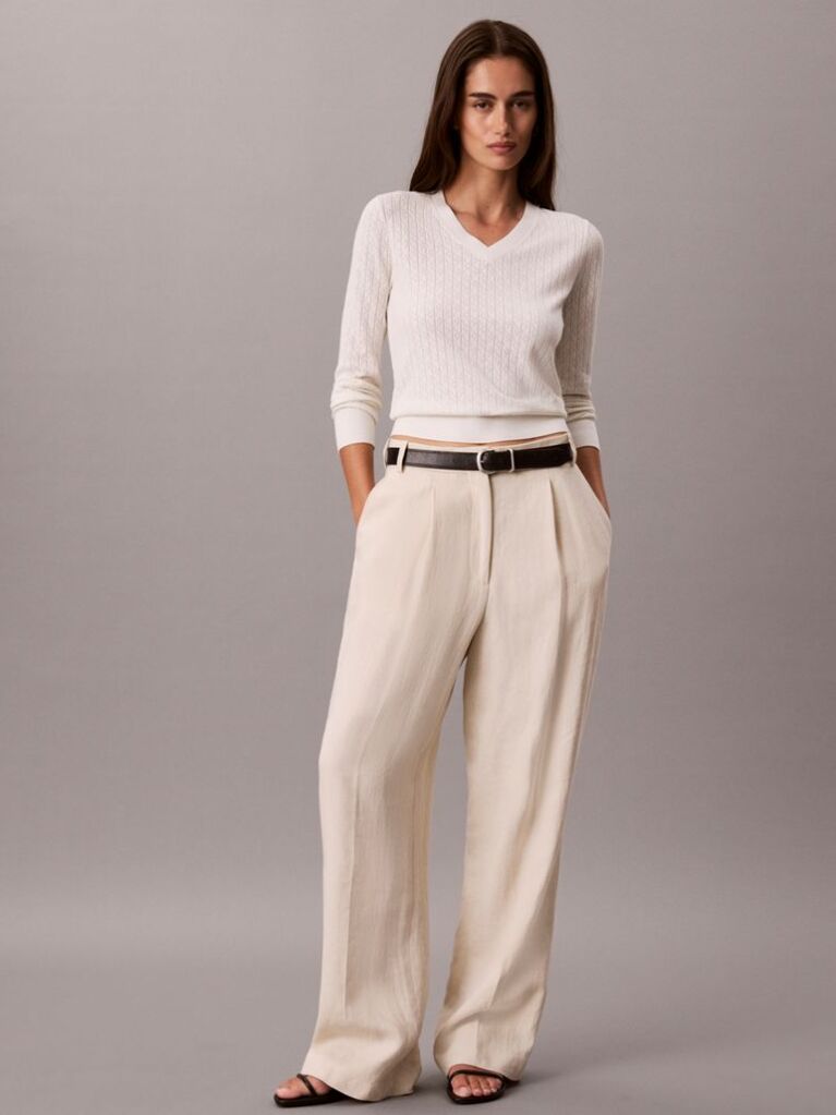 White Emblem Pointelle Long Sleeve V-Neck Top  Women