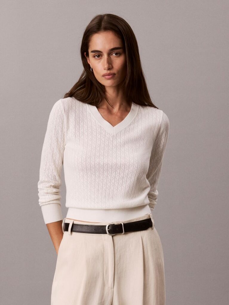 White Emblem Pointelle Long Sleeve V-Neck Top  Women