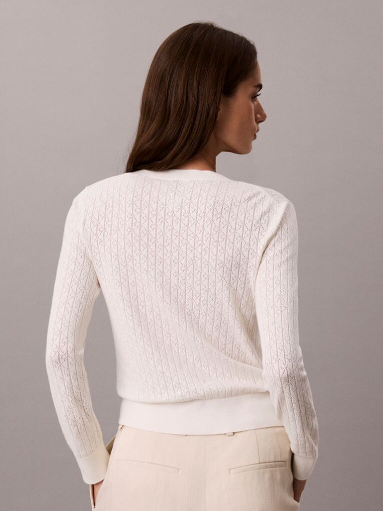 White Emblem Pointelle Long Sleeve V-Neck Top  Women