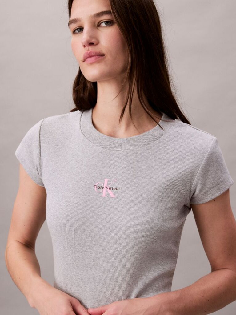 Γκρι Cropped T-shirt Με Μονόγραμμα Σε Στενή Γραμμή  Γυναίκα