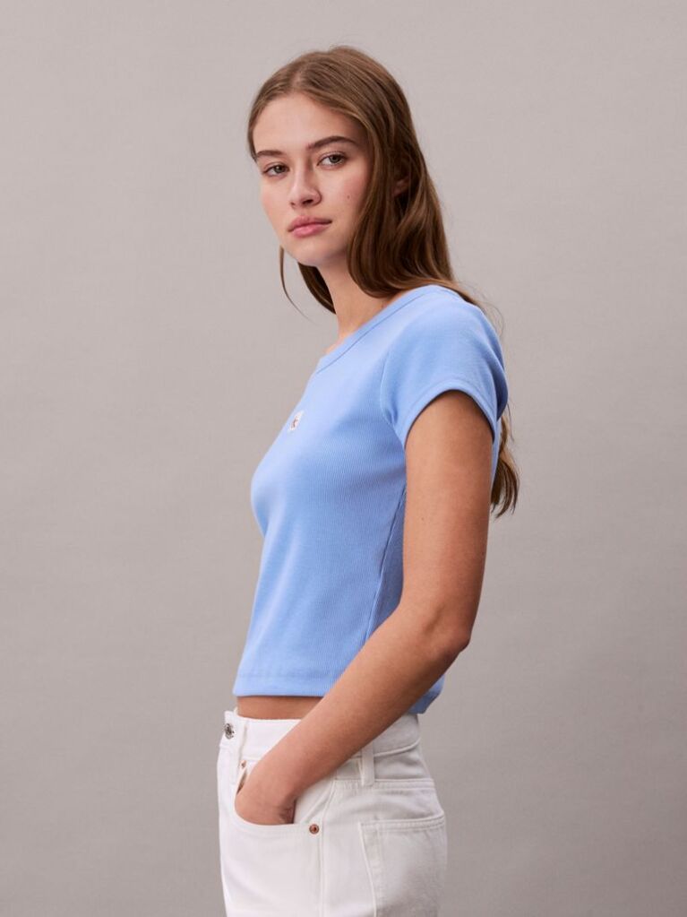 Μπλε T-Shirt Σε Slim Γραμμή Και Βαμβακερό Ριμπ  Γυναίκα