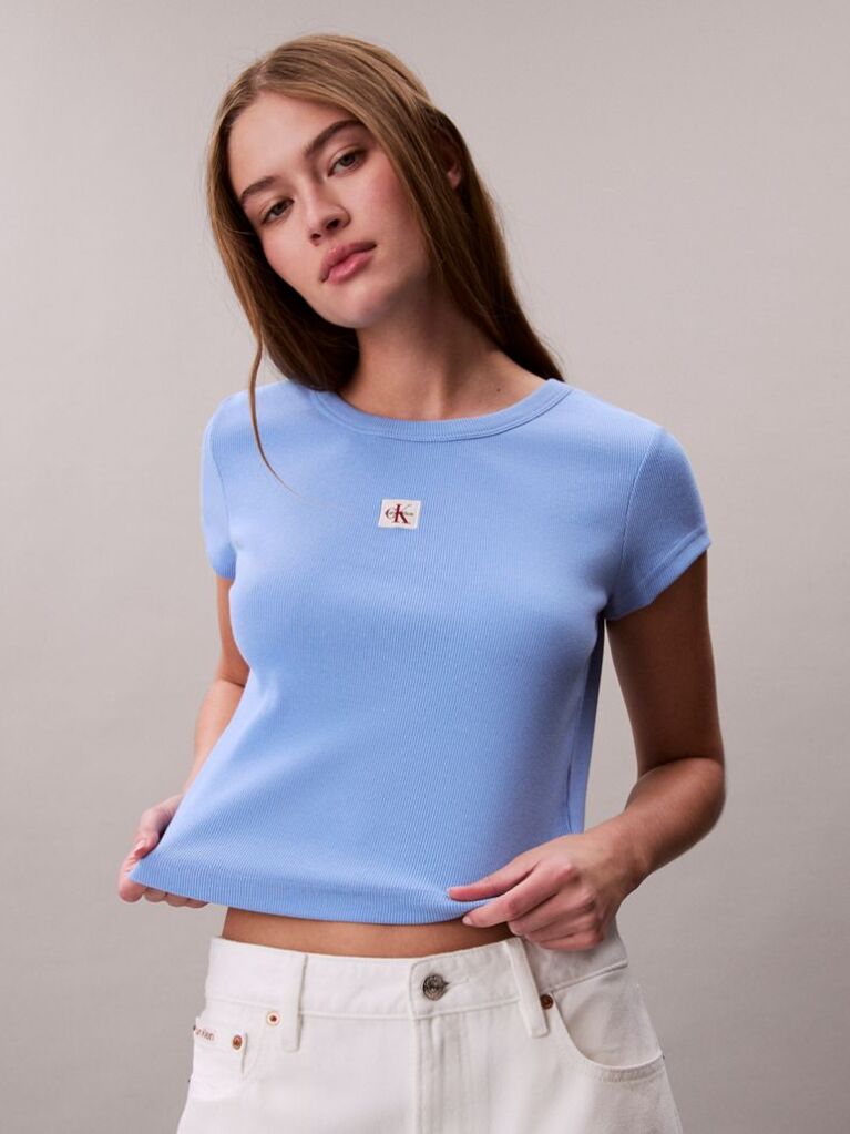Μπλε T-Shirt Σε Slim Γραμμή Και Βαμβακερό Ριμπ  Γυναίκα