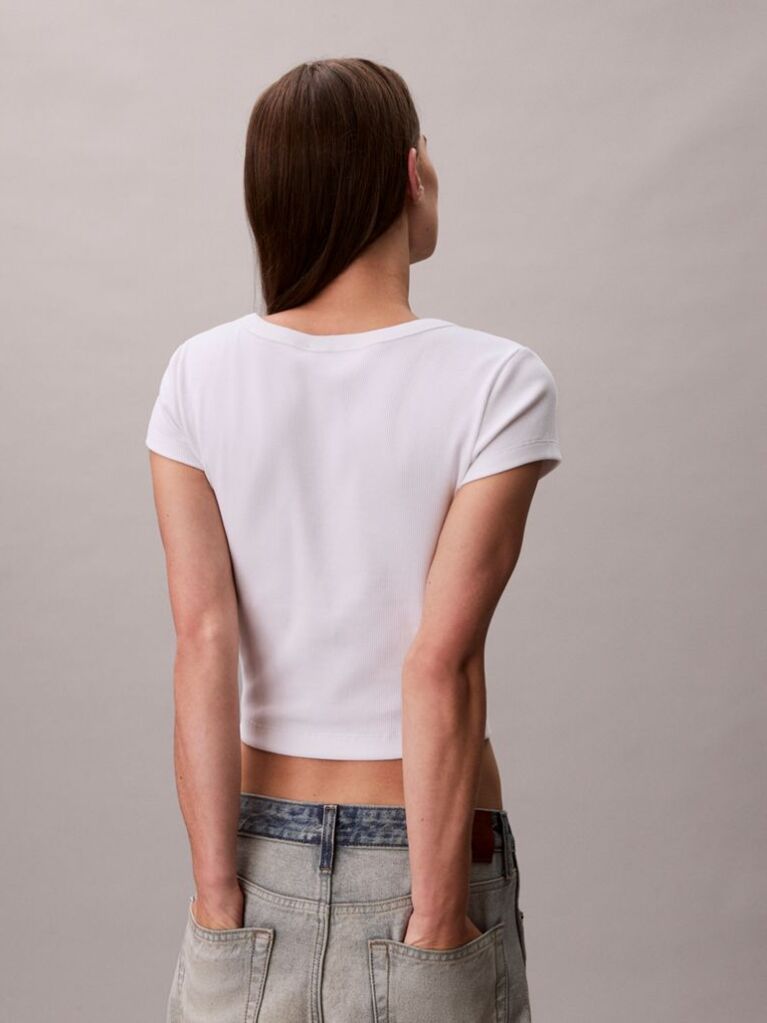 Λευκό T-Shirt Σε Slim Γραμμή Και Βαμβακερό Ριμπ  Γυναίκα