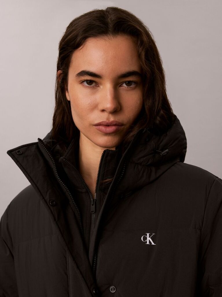 Black Logo Belt Hooded Puffer Coat  Women