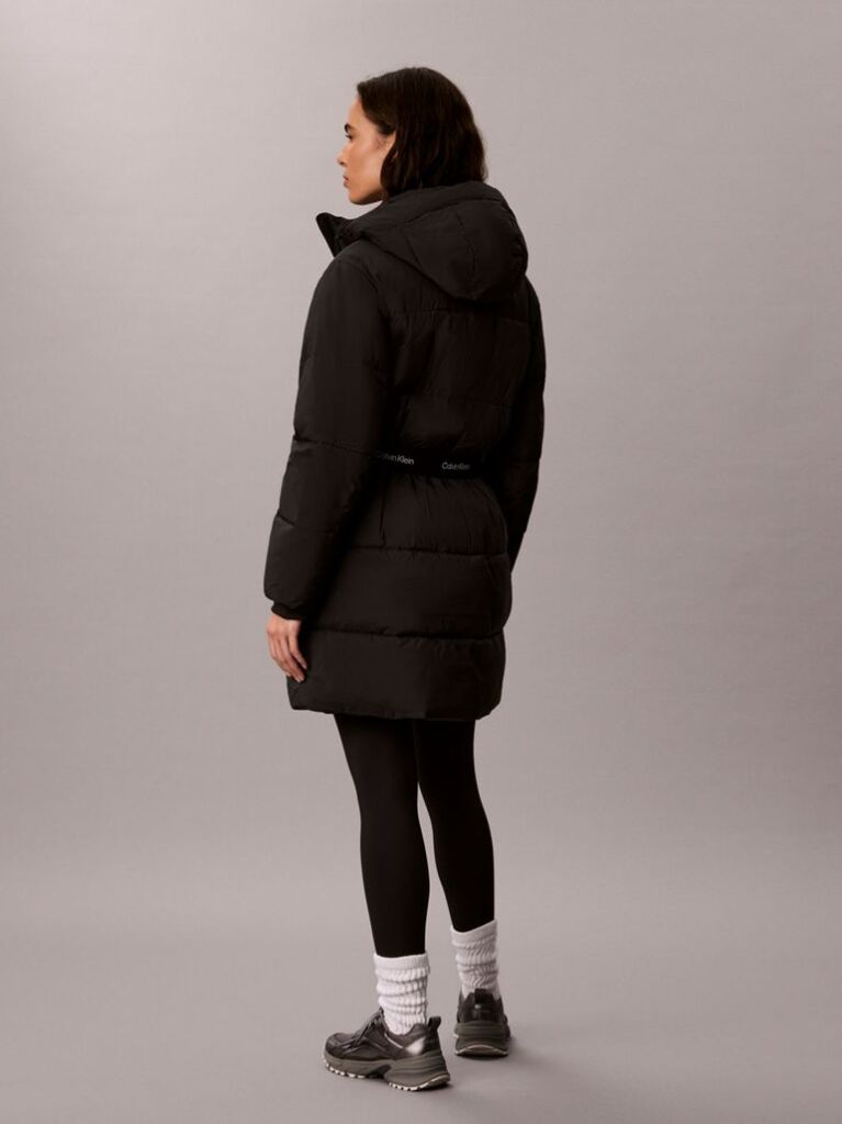 Black Logo Belt Hooded Puffer Coat  Women