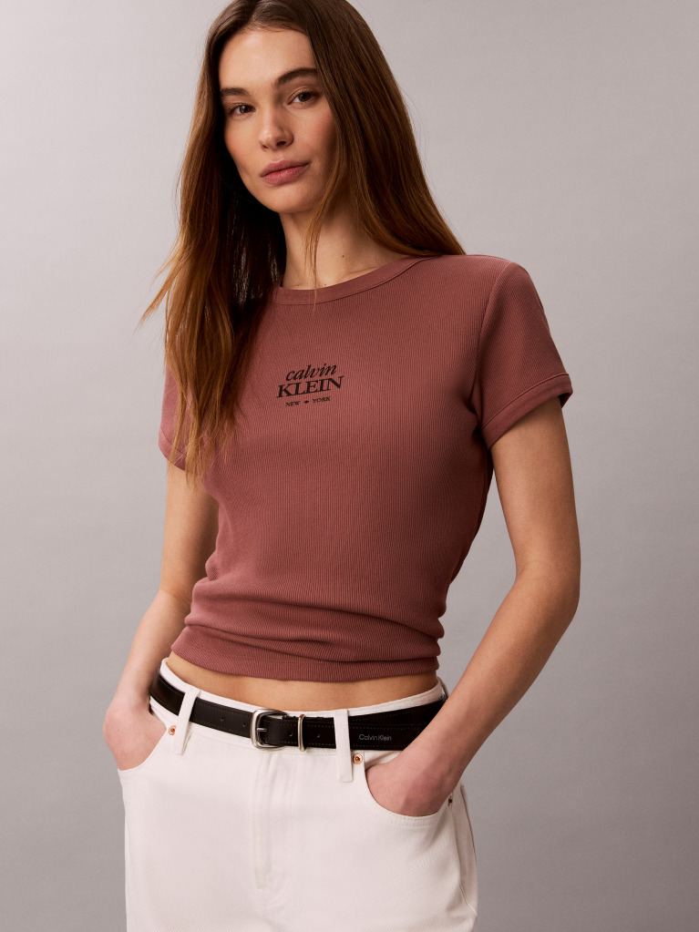 Καφέ T-shirt Με Slim Γραμμή Από Βαμβακερό Ριπ  Γυναίκα