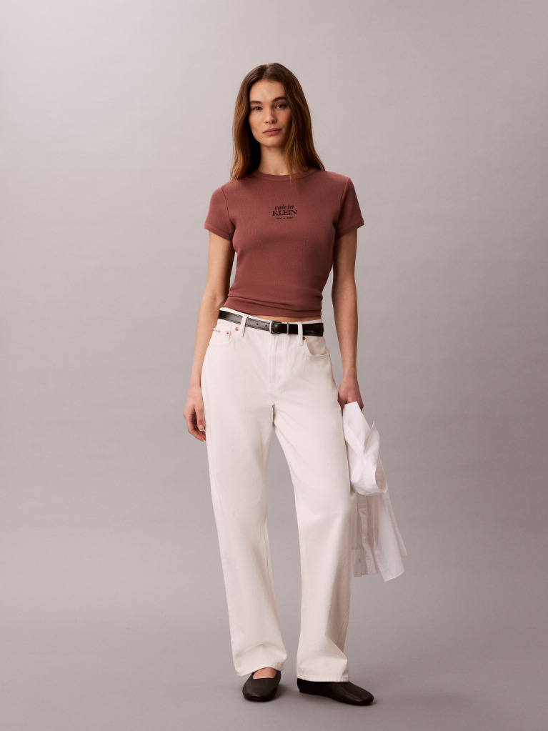 Καφέ T-shirt Με Slim Γραμμή Από Βαμβακερό Ριπ  Γυναίκα