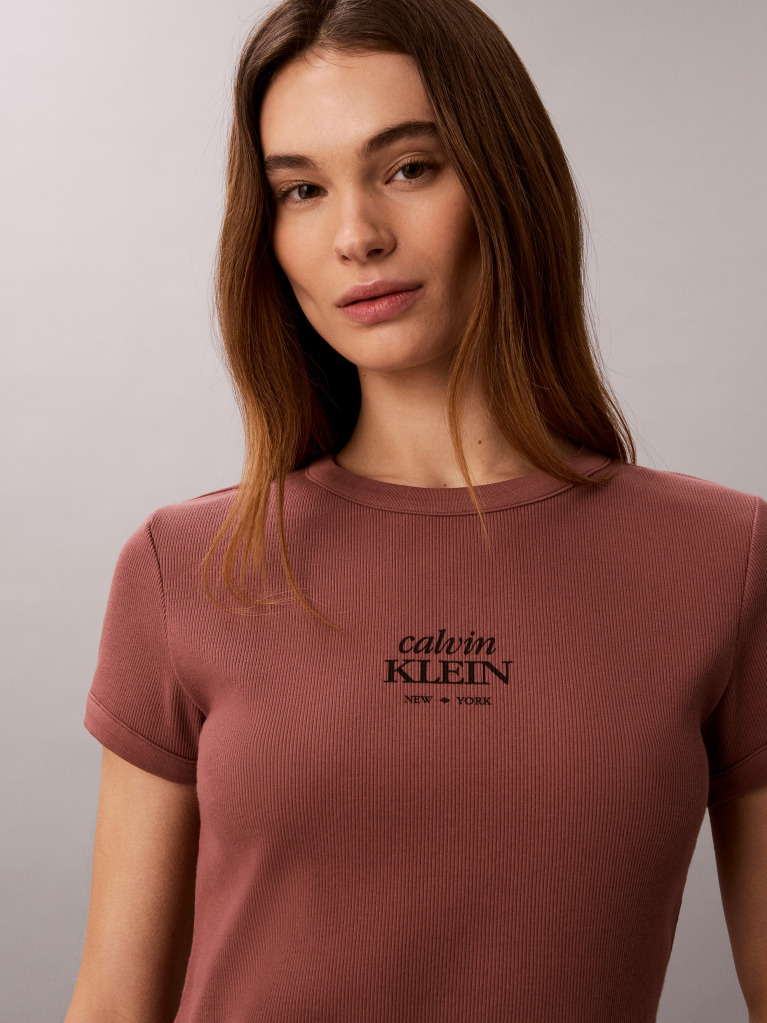 Καφέ T-shirt Με Slim Γραμμή Από Βαμβακερό Ριπ  Γυναίκα