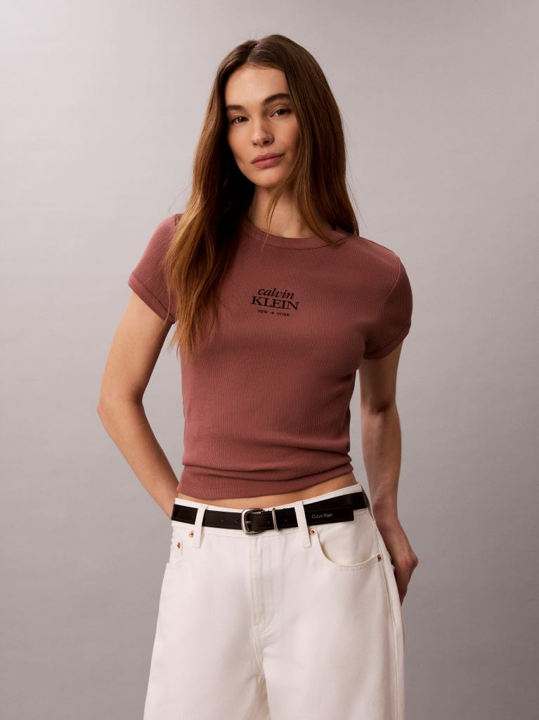 Καφέ T-shirt Με Slim Γραμμή Από Βαμβακερό Ριπ  Γυναίκα