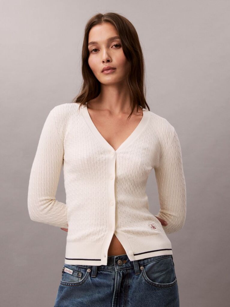 White Slim Cable Knit Cardigan  Women