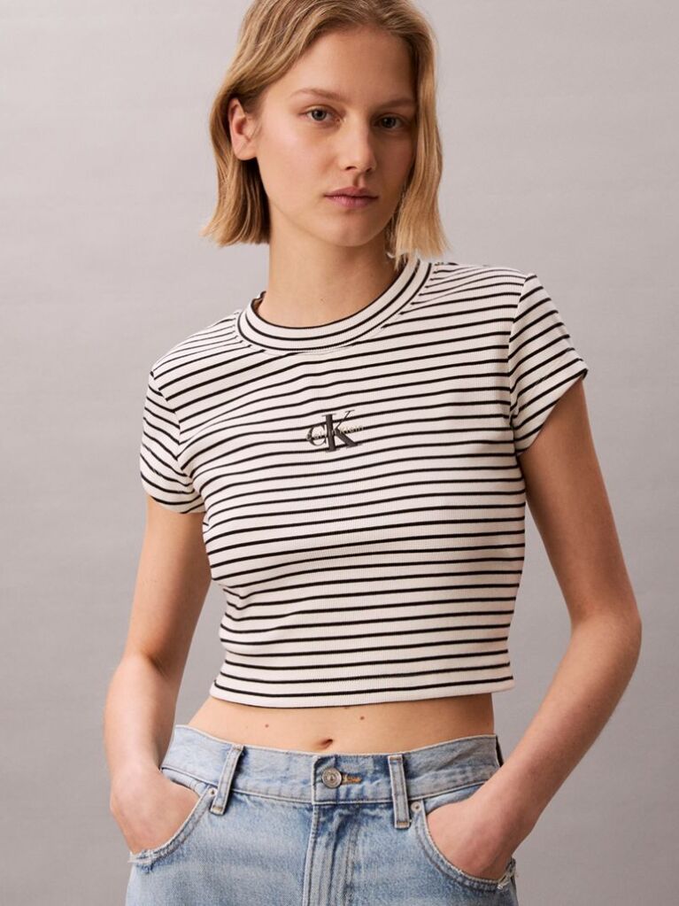 Μαύρο Ριγέ Ριπ T-shirt Με Slim Γραμμή  Γυναίκα