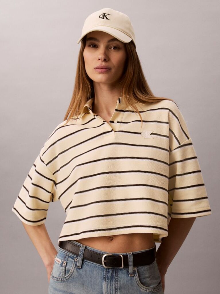 Μπεζ Κοντό Boxy Polo Με Ρίγες  Γυναίκα