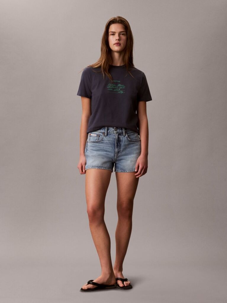Μπλε T-Shirt Με Χειρόγραφο Γραφικό Σχέδιο Και Στρογγυλή Λαιμόκοψη  Γυναίκα