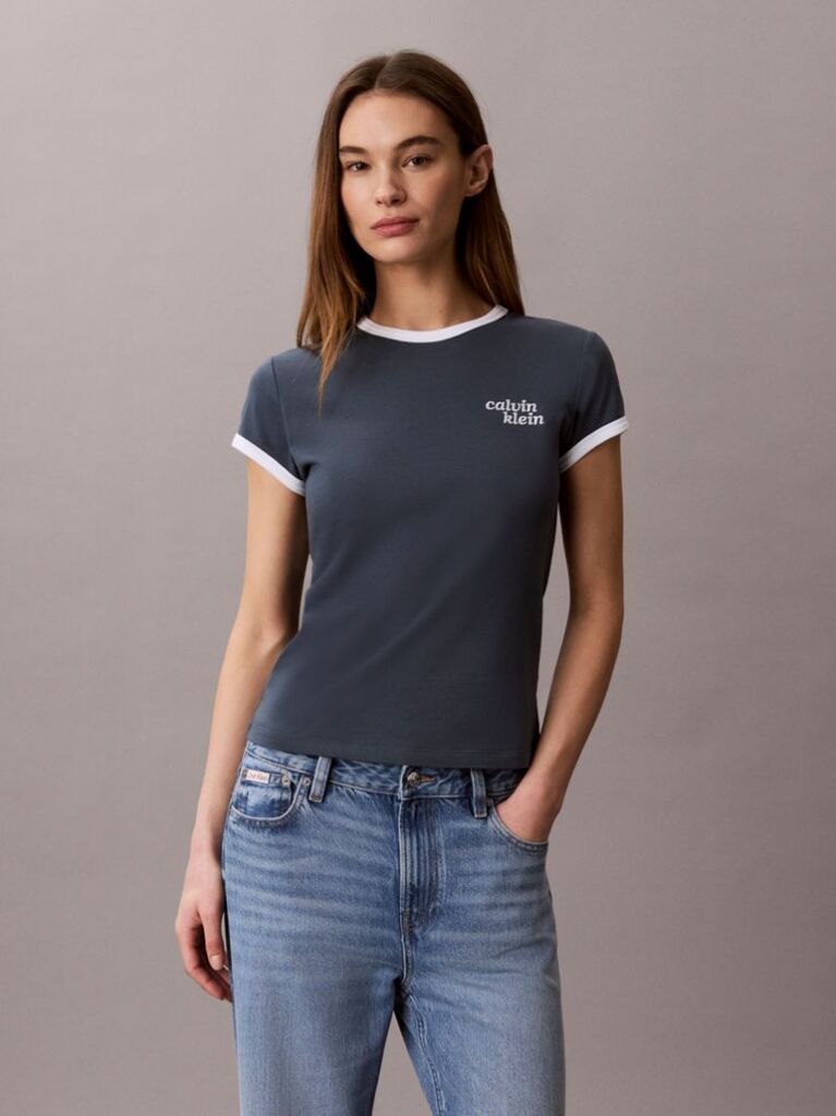 Μπλε T-Shirt Ringer Με Κεντημένο Λογότυπο  Γυναίκα