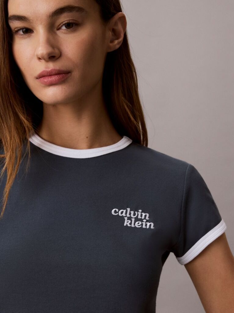Μπλε T-Shirt Ringer Με Κεντημένο Λογότυπο  Γυναίκα