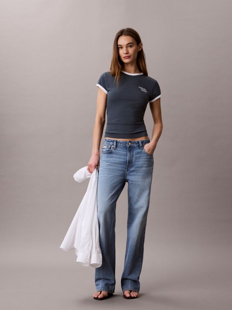 Μπλε T-Shirt Ringer Με Κεντημένο Λογότυπο  Γυναίκα