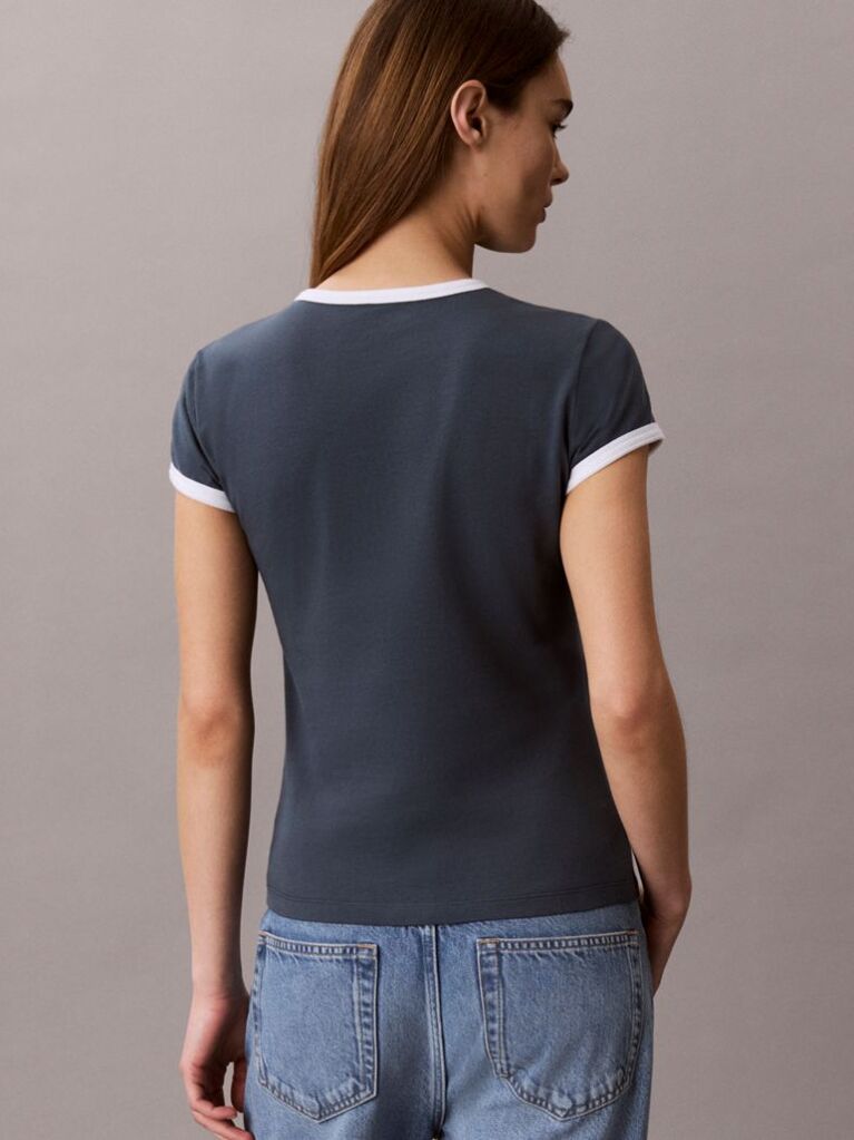 Μπλε T-Shirt Ringer Με Κεντημένο Λογότυπο  Γυναίκα