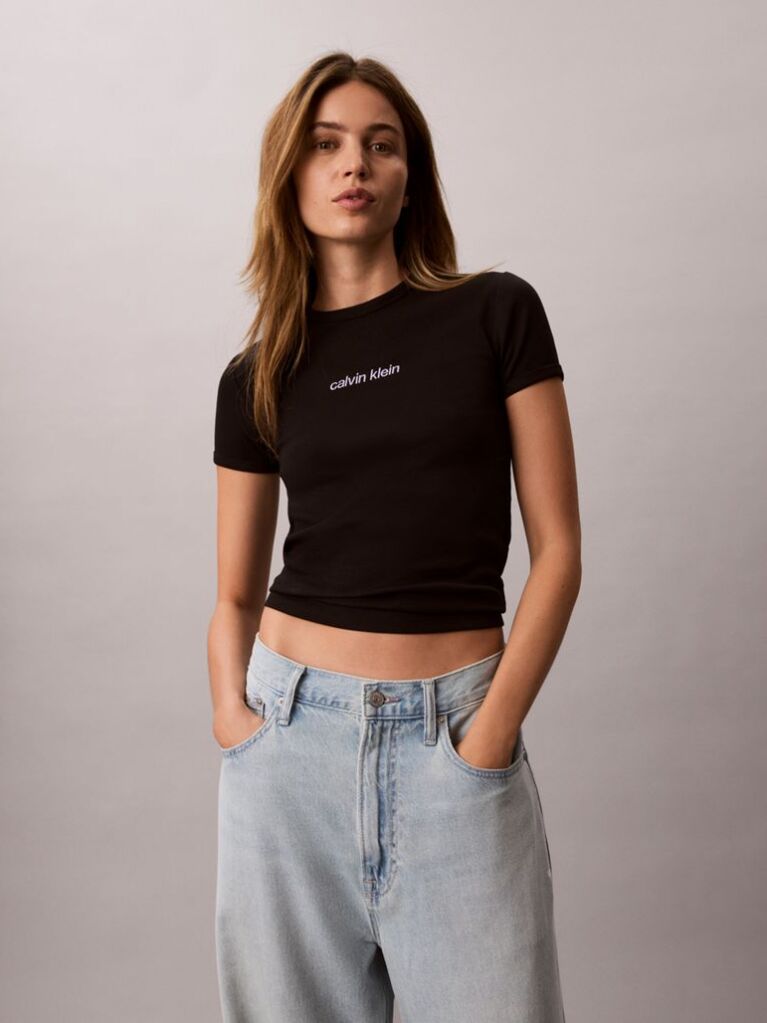 Μαύρο Ριμπ T-Shirt Με Κεντημένο Λογότυπο  Γυναίκα